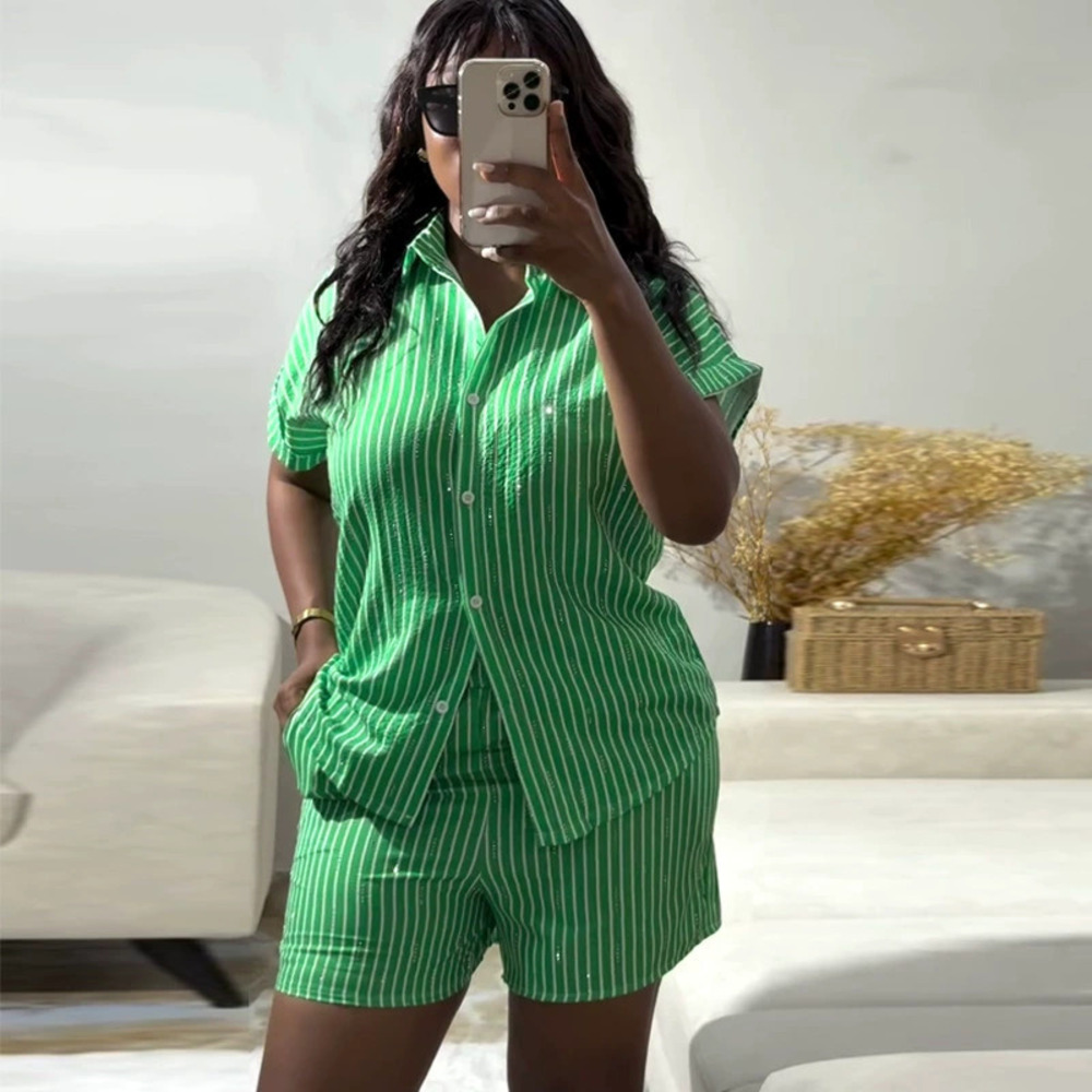 ZARA African Striped Short Sleeve Collar Shirt Shorts Set Summer Women 2 Piece